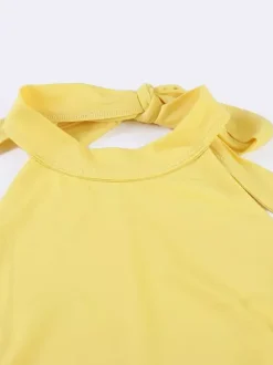Party Dresses Yellow Halter Neck Maxi Tie Back Sleeveless Ruched Waist Flowy Long Party Gown