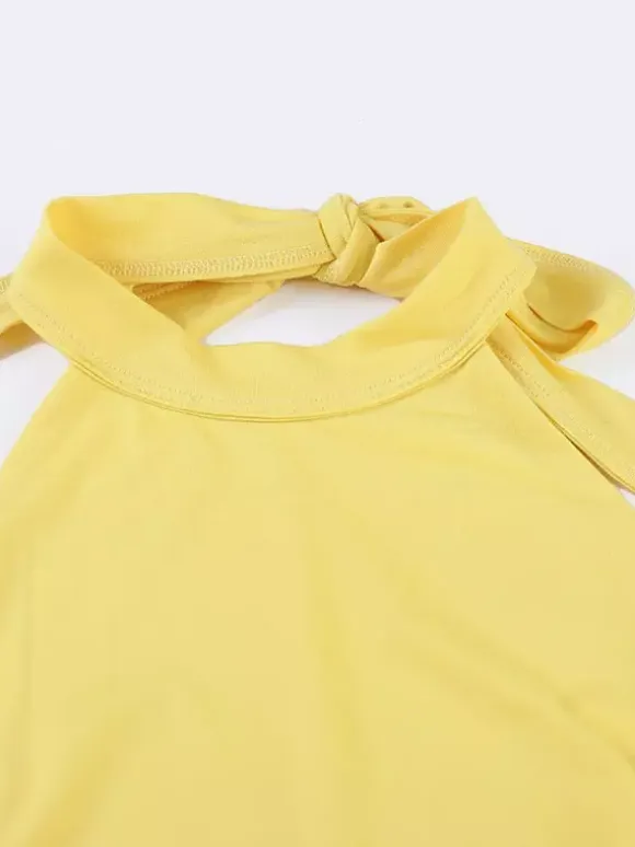 Party Dresses Yellow Halter Neck Maxi Tie Back Sleeveless Ruched Waist Flowy Long Party Gown