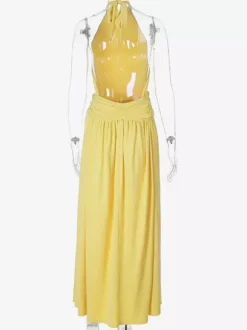 Party Dresses Yellow Halter Neck Maxi Tie Back Sleeveless Ruched Waist Flowy Long Party Gown