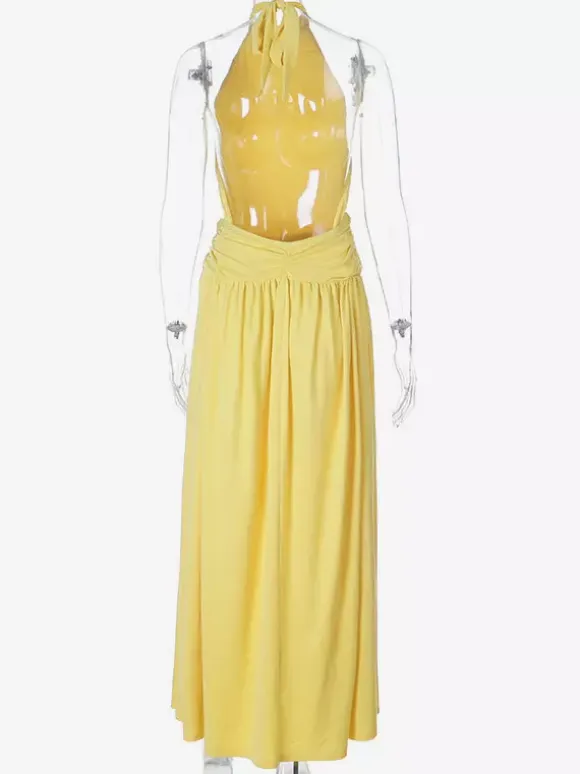 Party Dresses Yellow Halter Neck Maxi Tie Back Sleeveless Ruched Waist Flowy Long Party Gown