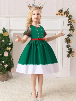 Party Dress For Christmas Dark Green Polyester Fiber Floral Print Christmas Holidays Costumes Dress