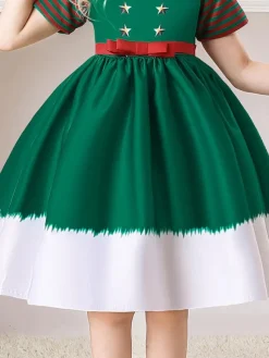 Party Dress For Christmas Dark Green Polyester Fiber Floral Print Christmas Holidays Costumes Dress