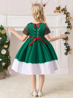 Party Dress For Christmas Dark Green Polyester Fiber Floral Print Christmas Holidays Costumes Dress