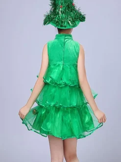 Party Dress For Christmas Green Santa Tree Polyester Fiber Hat Dress Christmas Holidays Costumes Full Set