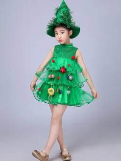 Party Dress For Christmas Green Santa Tree Polyester Fiber Hat Dress Christmas Holidays Costumes Full Set