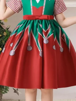 Party Dress For Christmas Red Polyester Fiber Polyester Floral Print Christmas Holidays Costumes Dress