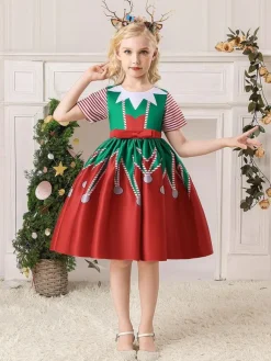 Party Dress For Christmas Red Polyester Fiber Polyester Floral Print Christmas Holidays Costumes Dress