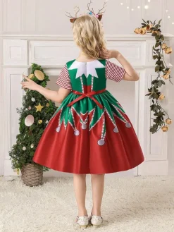 Party Dress For Christmas Red Polyester Fiber Polyester Floral Print Christmas Holidays Costumes Dress