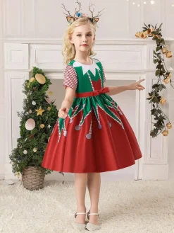 Party Dress For Christmas Red Polyester Fiber Polyester Floral Print Christmas Holidays Costumes Dress
