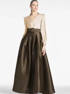 Party Dress For Mother Of The Bride V-Neck Long Sleeves A-Line Sash Guest Dresses For Wedding