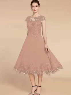 Party Dress For Mother Of The Bride Jewel Neck Cap Sleeves Lace A-Line Tea-Length Wedding Guest Dresses