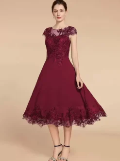 Party Dress For Mother Of The Bride Jewel Neck Cap Sleeves Lace A-Line Tea-Length Wedding Guest Dresses