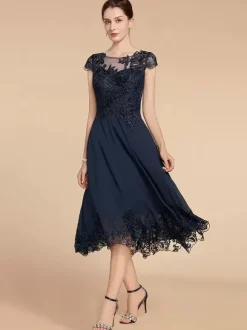 Party Dress For Mother Of The Bride Jewel Neck Cap Sleeves Lace A-Line Tea-Length Wedding Guest Dresses