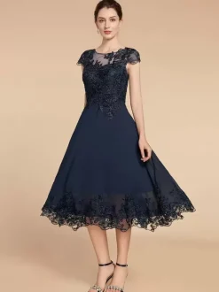 Party Dress For Mother Of The Bride Jewel Neck Cap Sleeves Lace A-Line Tea-Length Wedding Guest Dresses