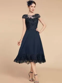 Party Dress For Mother Of The Bride Jewel Neck Cap Sleeves Lace A-Line Tea-Length Wedding Guest Dresses