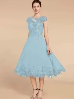 Party Dress For Mother Of The Bride Jewel Neck Cap Sleeves Lace A-Line Tea-Length Wedding Guest Dresses