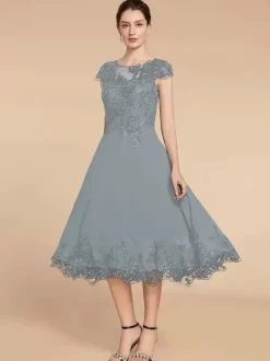 Party Dress For Mother Of The Bride Jewel Neck Cap Sleeves Lace A-Line Tea-Length Wedding Guest Dresses
