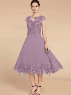 Party Dress For Mother Of The Bride Jewel Neck Cap Sleeves Lace A-Line Tea-Length Wedding Guest Dresses