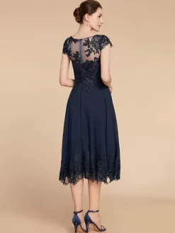 Party Dress For Mother Of The Bride Jewel Neck Cap Sleeves Lace A-Line Tea-Length Wedding Guest Dresses