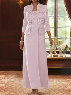 Party Dress For Mother Of The Bride Square Neck 3/4 Length Sleeves Two-piece Lace Guest Dresses For Wedding
