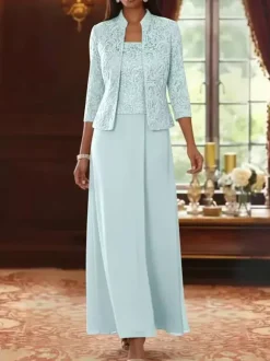 Party Dress For Mother Of The Bride Square Neck 3/4 Length Sleeves Two-piece Lace Guest Dresses For Wedding