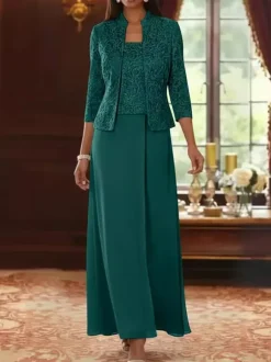 Party Dress For Mother Of The Bride Square Neck 3/4 Length Sleeves Two-piece Lace Guest Dresses For Wedding