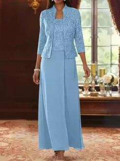 Party Dress For Mother Of The Bride Square Neck 3/4 Length Sleeves Two-piece Lace Guest Dresses For Wedding