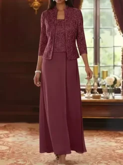 Party Dress For Mother Of The Bride Square Neck 3/4 Length Sleeves Two-piece Lace Guest Dresses For Wedding