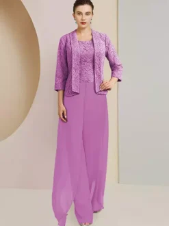 Party Dress For Mother Of The Bride Jewel Neck 3/4 Length Sleeves Two-piece Lace Wedding Guest Dresses