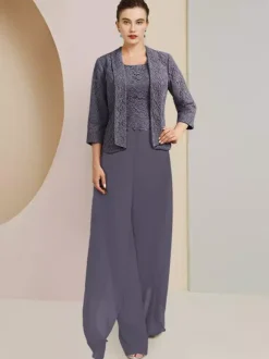 Party Dress For Mother Of The Bride Jewel Neck 3/4 Length Sleeves Two-piece Lace Wedding Guest Dresses