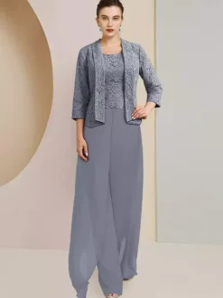 Party Dress For Mother Of The Bride Jewel Neck 3/4 Length Sleeves Two-piece Lace Wedding Guest Dresses
