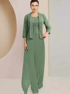 Party Dress For Mother Of The Bride Jewel Neck 3/4 Length Sleeves Two-piece Lace Wedding Guest Dresses