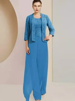 Party Dress For Mother Of The Bride Jewel Neck 3/4 Length Sleeves Two-piece Lace Wedding Guest Dresses