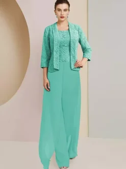 Party Dress For Mother Of The Bride Jewel Neck 3/4 Length Sleeves Two-piece Lace Wedding Guest Dresses
