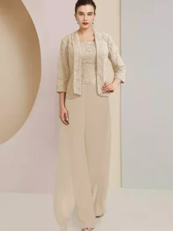 Party Dress For Mother Of The Bride Jewel Neck 3/4 Length Sleeves Two-piece Lace Wedding Guest Dresses