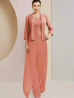 Party Dress For Mother Of The Bride Jewel Neck 3/4 Length Sleeves Two-piece Lace Wedding Guest Dresses