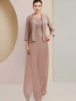 Party Dress For Mother Of The Bride Jewel Neck 3/4 Length Sleeves Two-piece Lace Wedding Guest Dresses