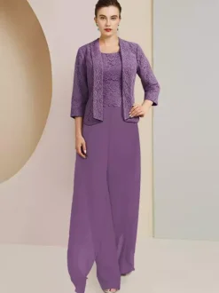 Party Dress For Mother Of The Bride Jewel Neck 3/4 Length Sleeves Two-piece Lace Wedding Guest Dresses
