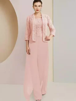 Party Dress For Mother Of The Bride Jewel Neck 3/4 Length Sleeves Two-piece Lace Wedding Guest Dresses