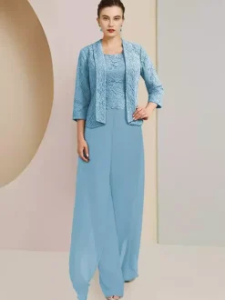 Party Dress For Mother Of The Bride Jewel Neck 3/4 Length Sleeves Two-piece Lace Wedding Guest Dresses