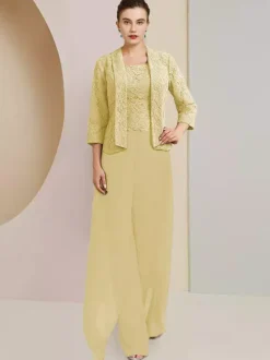 Party Dress For Mother Of The Bride Jewel Neck 3/4 Length Sleeves Two-piece Lace Wedding Guest Dresses