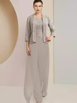 Party Dress For Mother Of The Bride Jewel Neck 3/4 Length Sleeves Two-piece Lace Wedding Guest Dresses