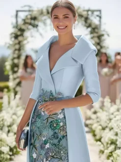 Party Dress For Mother Of The Bride V-Neck 3/4 Length Sleeves A-Line Lace Guest Dresses For Wedding