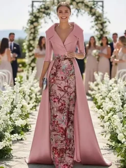 Party Dress For Mother Of The Bride V-Neck 3/4 Length Sleeves A-Line Lace Guest Dresses For Wedding