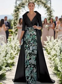 Party Dress For Mother Of The Bride V-Neck 3/4 Length Sleeves A-Line Lace Guest Dresses For Wedding