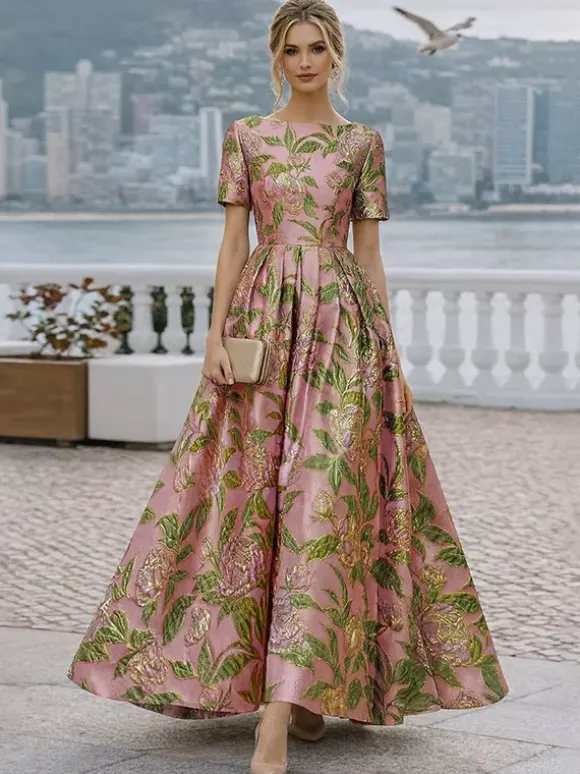 Party Dress For Mother Of The Bride Jewel Neck Short Sleeves A-Line Wedding Guest Dresses