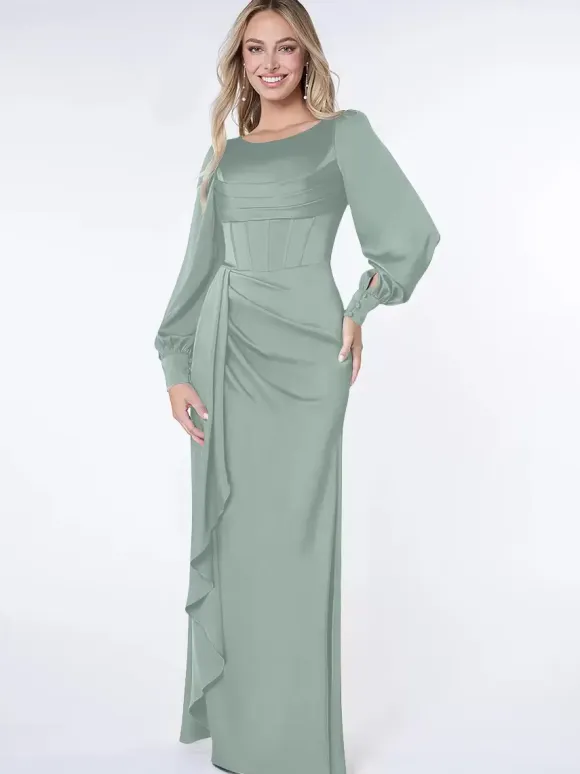 Party Dress For Mother Of The Bride Bond Long Sleeves Ball Gown Pleated Guest Dresses For Wedding
