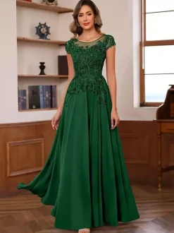 Party Dress For Mother Of The Bride Illusion Neckline Short Sleeves Ball Gown Lace Wedding Guest Dresses