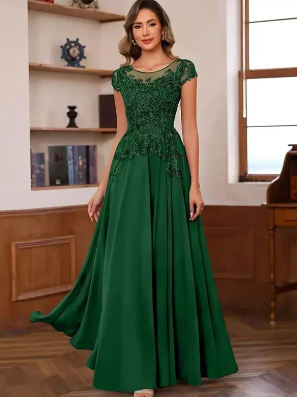 Party Dress For Mother Of The Bride Illusion Neckline Short Sleeves Ball Gown Lace Wedding Guest Dresses