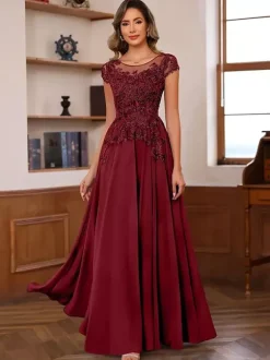 Party Dress For Mother Of The Bride Illusion Neckline Short Sleeves Ball Gown Lace Wedding Guest Dresses